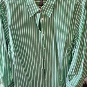 Lauren Ralph Lauren Green and White Striped Button-Up Blouse